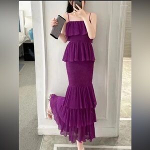 NWT Kelly Obi Purple Smocked Tiered Maxi Dress